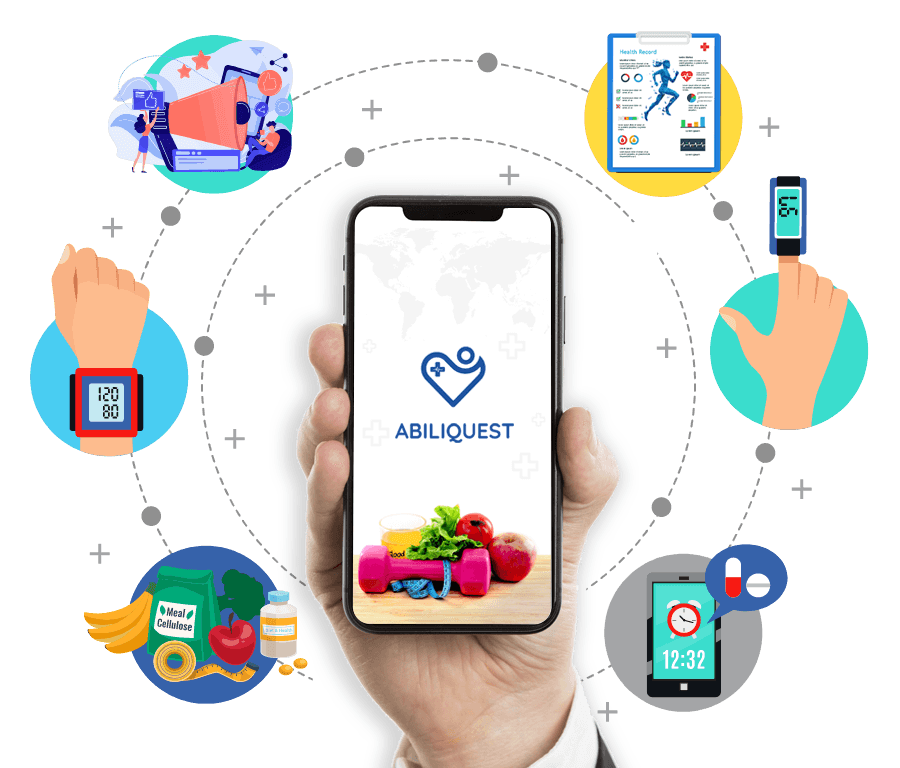 Hand holding a smartphone displaying the Abiliquest health app